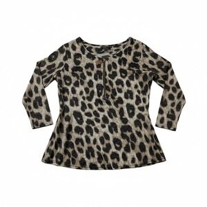 Cathy Womens Small Leopard Print Quarter Zip Roll Tab Sleeve Metallic Knit Top